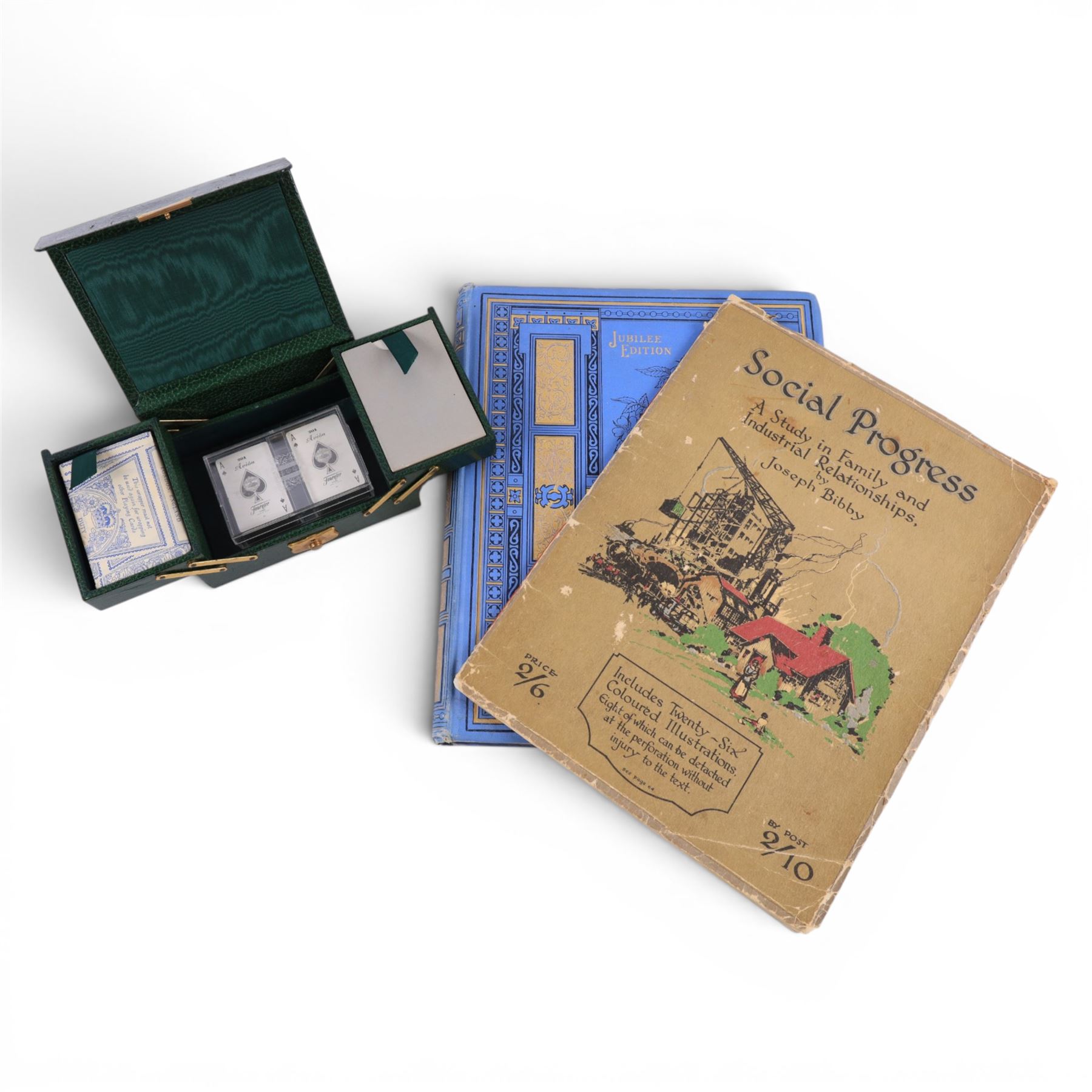 Social Progress 'A Study in Family and Industrial Relationships' by Joseph Bibby, Jubilee edition 'The Life of Her Most Gracious Majesty The Queen Victoria' by Sarah Tyler, and playing cards in leatherette box