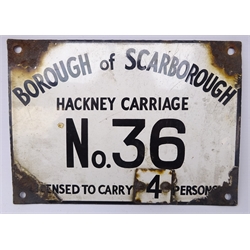  Borough of Scarborough Hackney Carriage plate No.36, 23cm x 16.5cm   