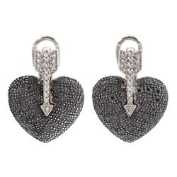 18ct white gold black and white diamond heart and arrow stud earrings, hallmarked