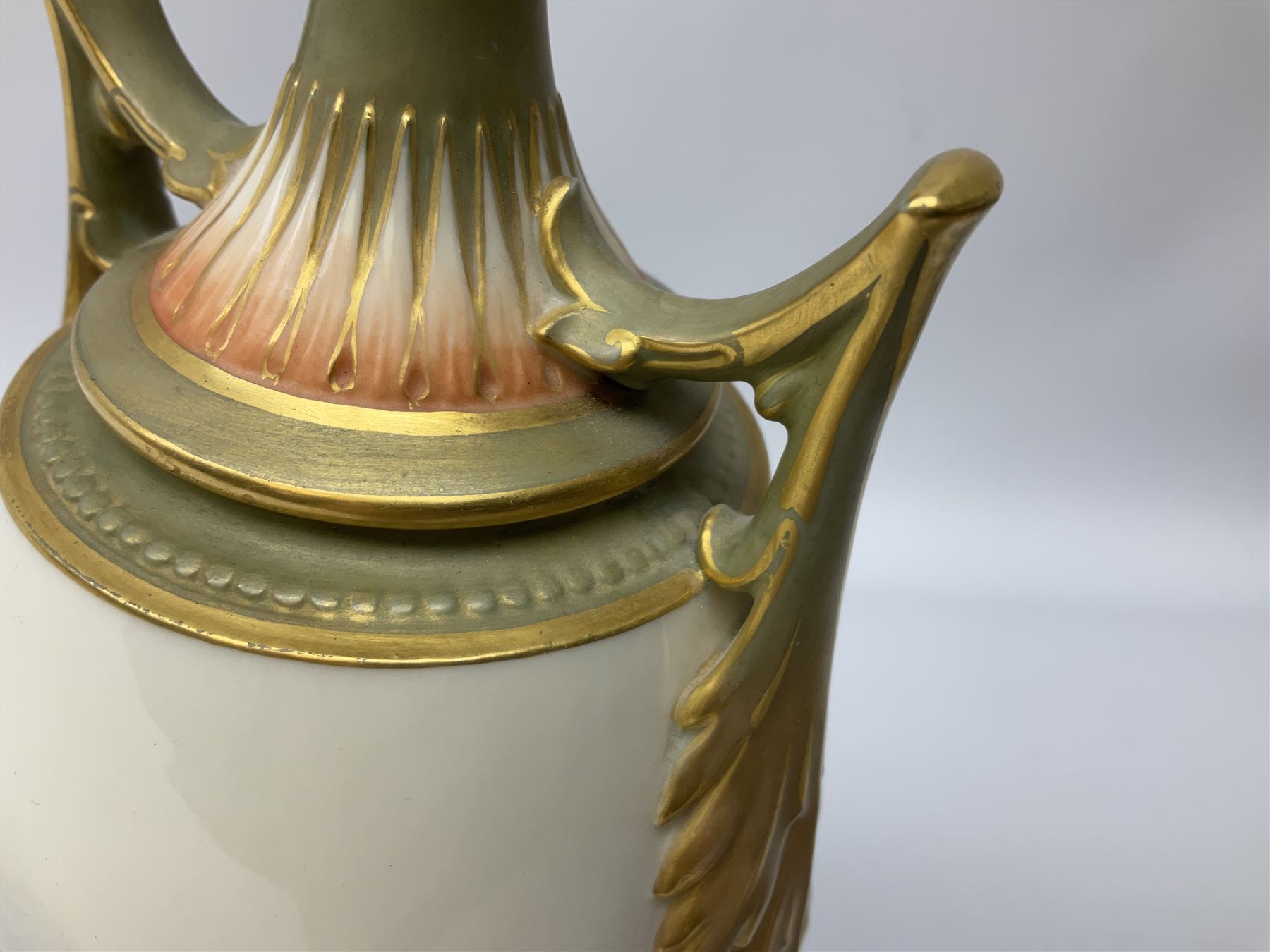 Early 20th century Royal Worcester vase decorated by Harry Davis, of ovoid form with twin acanthus mounted handles and waisted high neck supporting a domed cover, upon a circular foot, the body hand painted with sheep in a highland landscape, signed H Davis, with puce printed marks beneath including shape number 2425, and date code for 1907, H27.5cm