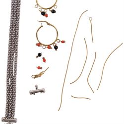 9ct gold jewellery, comprising white gold bracelet, beaded hoop earrings and pieces of chain