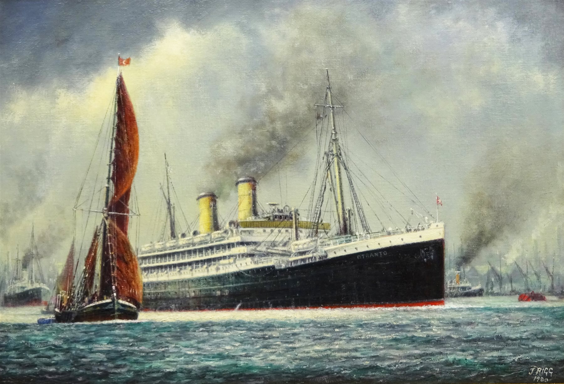 Jack Rigg (British 1927-): 'S S Otranto on the Thames', oil on board signed and dated 1988, signed and inscribed verso 45cm x 65cm
Notes: the Otranto was an Orient Line steamer built in 1926, serving through WWII and later broken up in 1957 at Faslane on the Clyde

