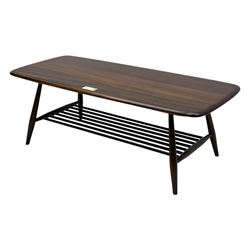 Lucian Ercolani for Ercol - mid-20th century elm 'Windsor' coffee table, rectangular top with rounded corners and chamfered edge, over an integral slatted undertier, on splayed tapering supports