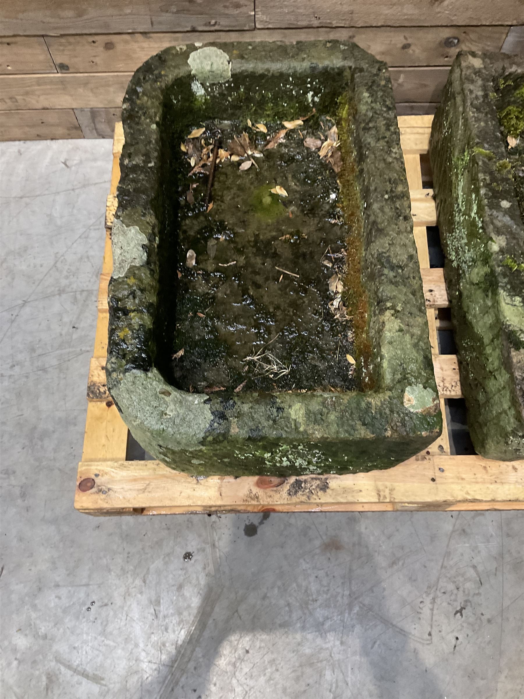 Two 19th century rectangular stone troughs (W72cm, D46cm, H25cm & W70cm, D44cm, H23cm)