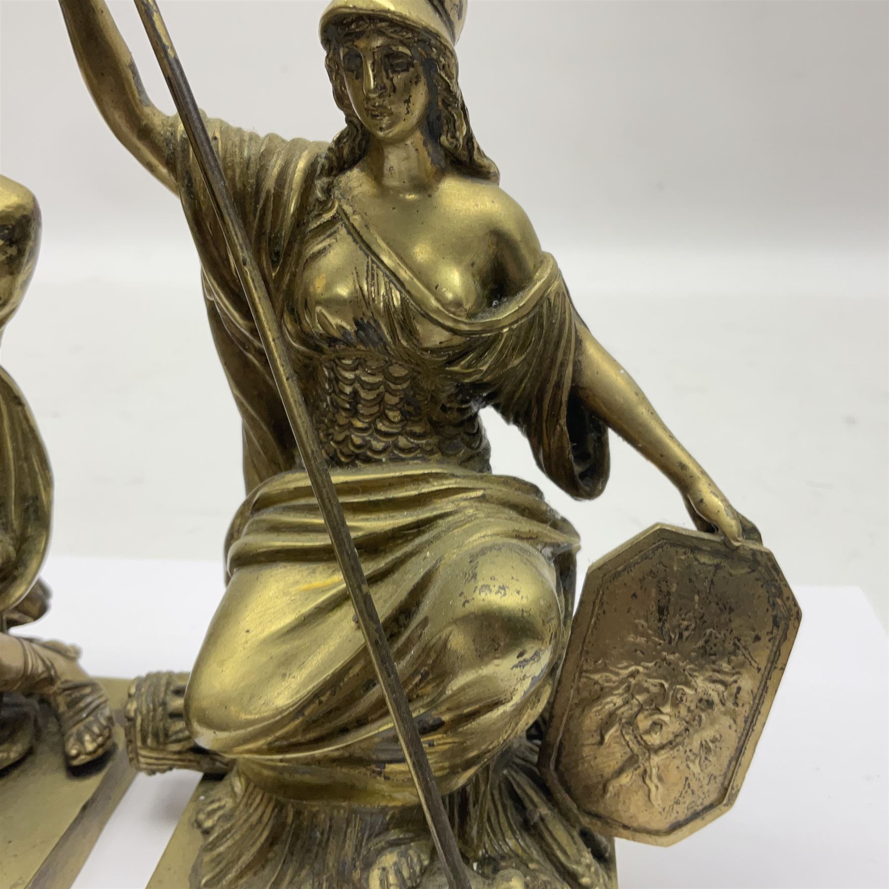 Pair brass grand tour style figures of Minerva and Mars, each on a square base, Minerva H18cm