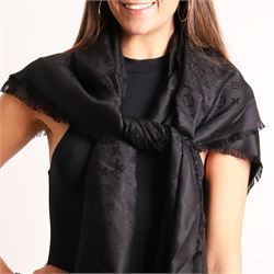 Louis Vuitton - large black Monogram silk and wool shawl, woven tone-on-tone with fringed edges