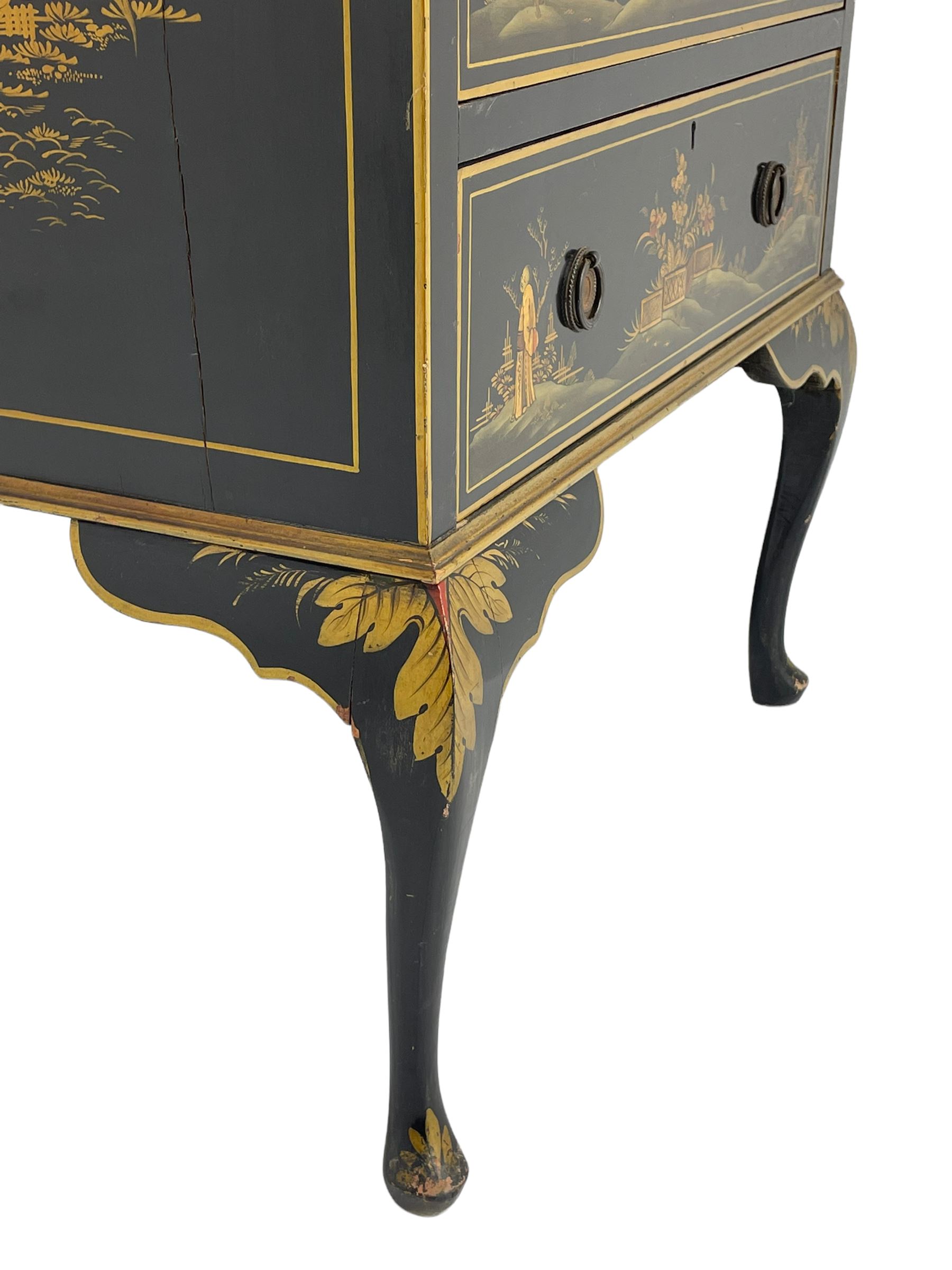 Early 20th century Chinoiserie lacquered bureau, raised gilt decoration, fall front enclosing divisions and drawer, three graduating long drawers, on cabriole supports
