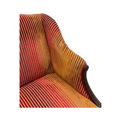 Mid-19th century mahogany two-seat sofa, upholstered in striped velvet fabric, the shaped backrest leading to outward-curved arms, carved apron with scrolling foliate details, raised on cabriole supports terminating in claw and ball feet