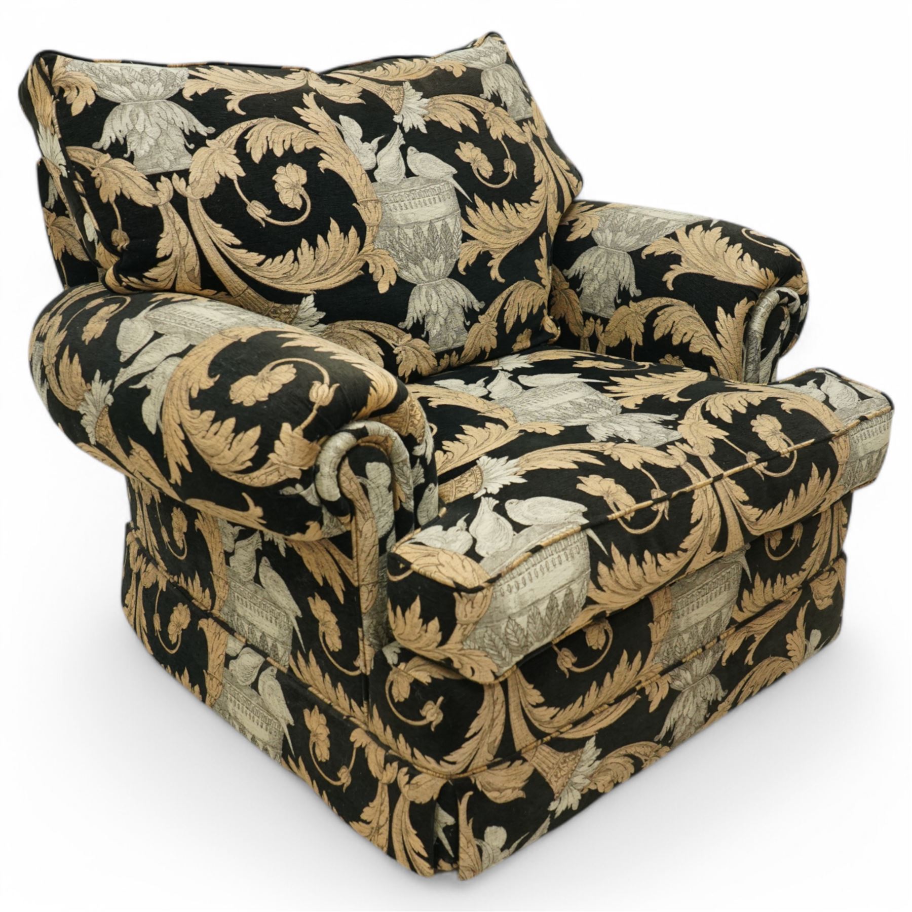 Duresta - hardwood-framed armchair, of traditional shaped with rolled arms, upholstered in arabesque pattern fabric decorated with urns and birds 