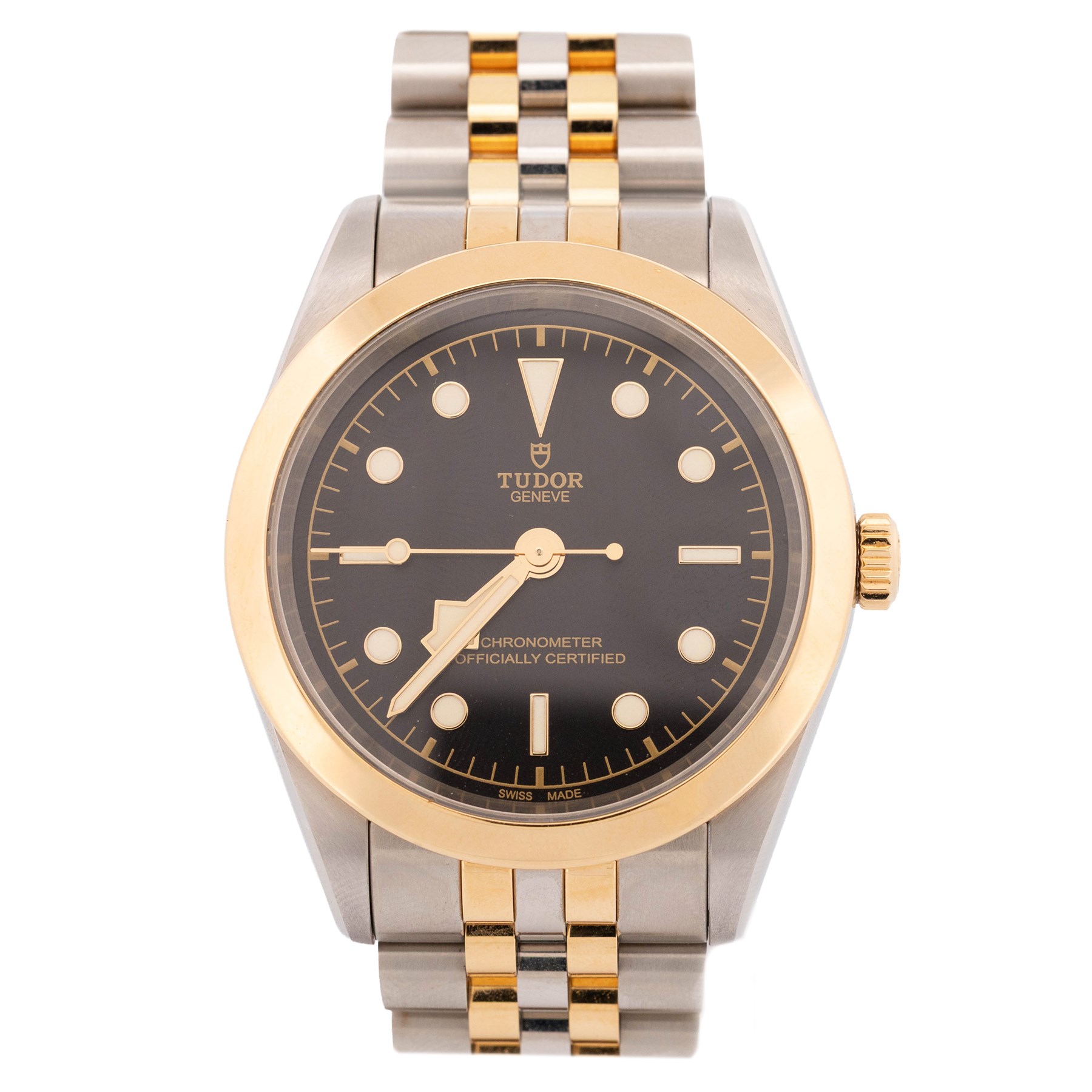 Tudor Black Bay One gentleman's stainless steel and gold automatic chronometer wristwatch, Ref. 79683, black dial with luminous hour markers, on original bracelet with fold-over clasp, boxed with guarantee dated and original receipt dated 2025