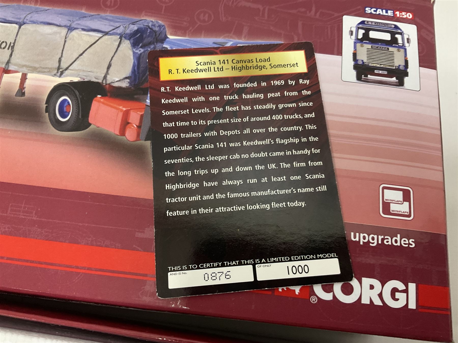 Corgi - Hauliers of Renown, three 1:50 scale models comprising CC14020 Volvo FH Curtainside - McMullan Transport Balleymoney, Co. Antrim, Northern Ireland no.820/1750; CC15006 Iveco Stralis Fridge Curtainside P. Harper & Sons Ltd - Ramsey, Cambridge, no.987/1000; CC15303 Scania 141 Canvas Load R. T. Keedwell Ltd - Highbridge, Somerset no.876/1000; all boxed 