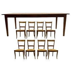 Grange Furniture cherry wood dining table, and eight chairs with rush seats