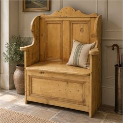 Victorian waxed pine settle or hall bench, shaped cresting rail over double panelled back,...