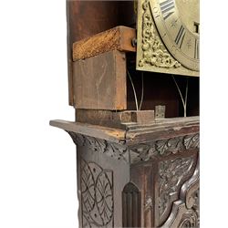 18th-century profusely carved oak longcase clock - with a pagoda pediment, upstands and carving, 
 break arch hood door flanked by reeded pilasters with brass capitals, trunk with canted corners and a spire topped door, square plinth with applied skirting, break arch brass dial with wheatsheaf engraving and cast cherub and crown spandrels, engraved break arch with the London clockmakers name John Gordin, silvered chapter ring with Roman numerals, five minute Arabic's, minute and quarter hour tracks, matted dial centre with ringed winding holes, square date aperture and seconds ring, dial pinned to a five pillar movement with inside countwheel striking, striking the hours on a cast bell. With weights and pendulum. John Gordin, is possibly a mis-spelling or phonetic spelling of John Gordon, of London, who worked from Ludgate Street in the parish of St. Gregory by St. Pauls. Apprenticed in 1689 and died in 1732 when his will was proven.
