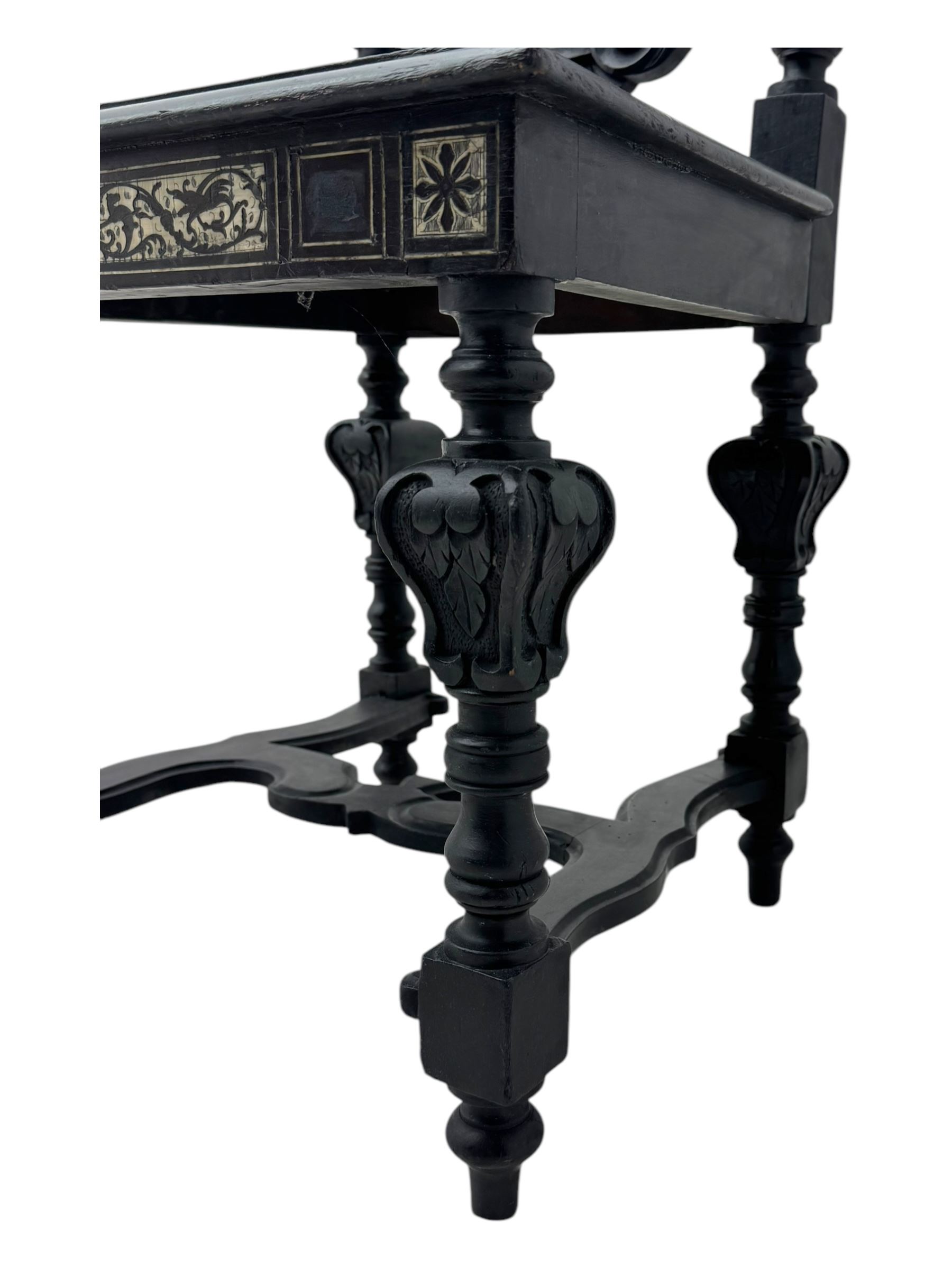 19th century Italian ebonised side chair, the backrest inlaid with bone and decorated with a painted figure in Renaissance dress within an arched reserve, flanked by turned supports and scrolled cresting, the seat and frieze similarly inlaid, raised on turned legs with shaped stretchers