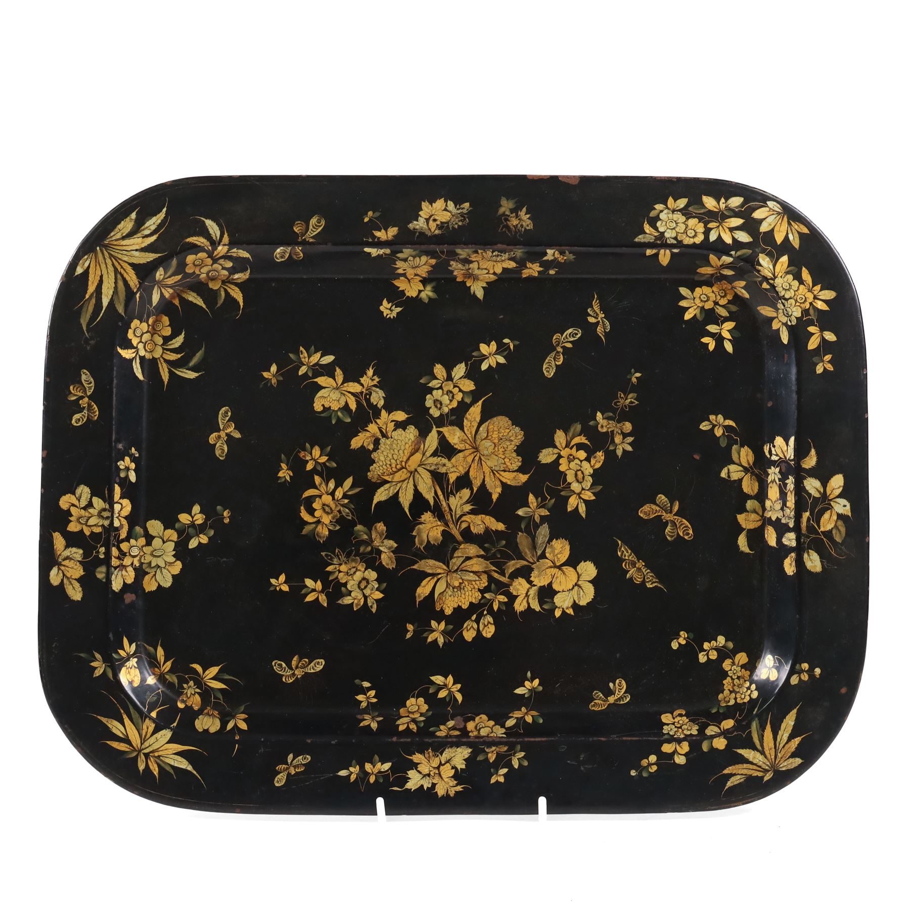 19th Century gilded toleware rectangular tray, decorated with floral sprig and insects, L41cm