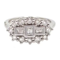 18ct white gold brilliant cut and baguette cut diamond cluster ring, hallmarked, diamond total weight 0.75 carat