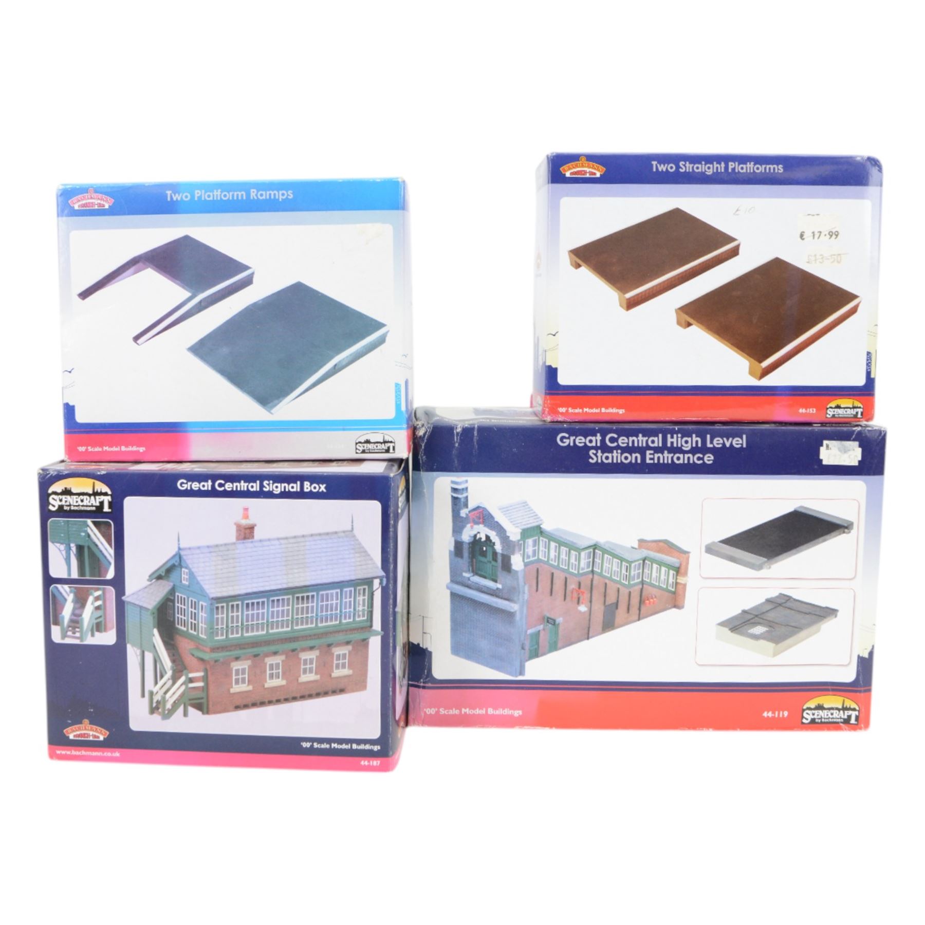 Nine Bachmann Scenecraft 00 gauge 'Great Central Station' model railway trackside buildings, comprising 44119 High Level Station Entrance, 44117 Booking Office & Canopy, 44187 Signal Box, 44188 Goods Depot, 44118 Platform Subway, two 44121 Single Track Road Bridges, 44153 Straight Platforms and 44154 Platform Ramps, all boxed 
