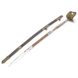 Victorian 1827 pattern Naval officers sword with lions head pommel, wire wound fishskin grip, the brass mounted leather scabbard inscribed 'Galt, Portsmouth', blade length 70cm 