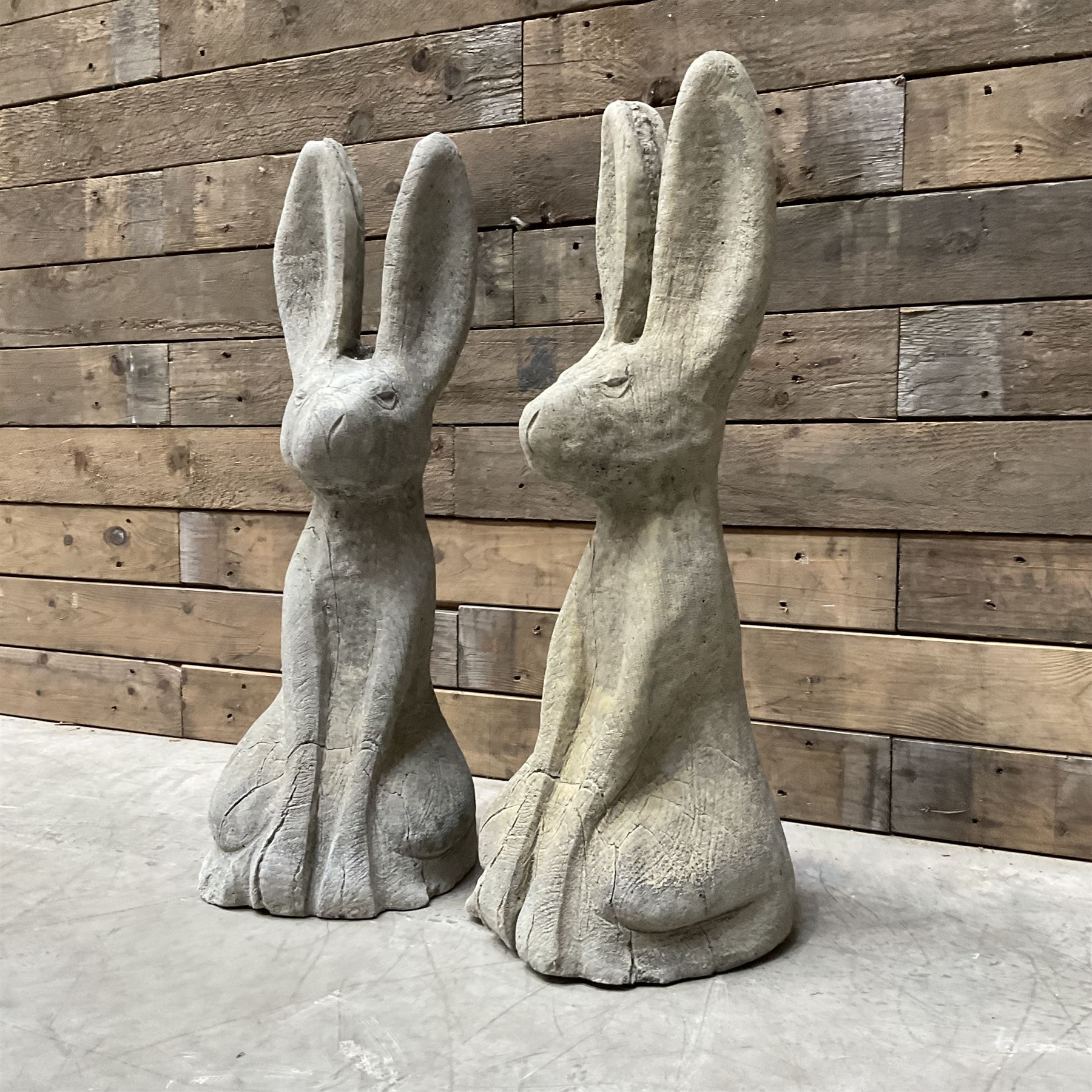 Pair cast stone garden sitting Woody Hares
