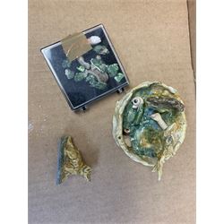 Pair of early 20th century Japanese hexagonal incense pots with reticulated panels and blue and white painted decoration, H9.5cm, a similar pot, three pieces of Runneford pottery, Sevres style porcelain box and cover, pair of Continental Lace pattern vases, Wedgwood jasperware and other ceramics