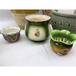 Small Bretby jardiniere with a green and brown ground, together with other jardinieres and ceramics, in two boxes 