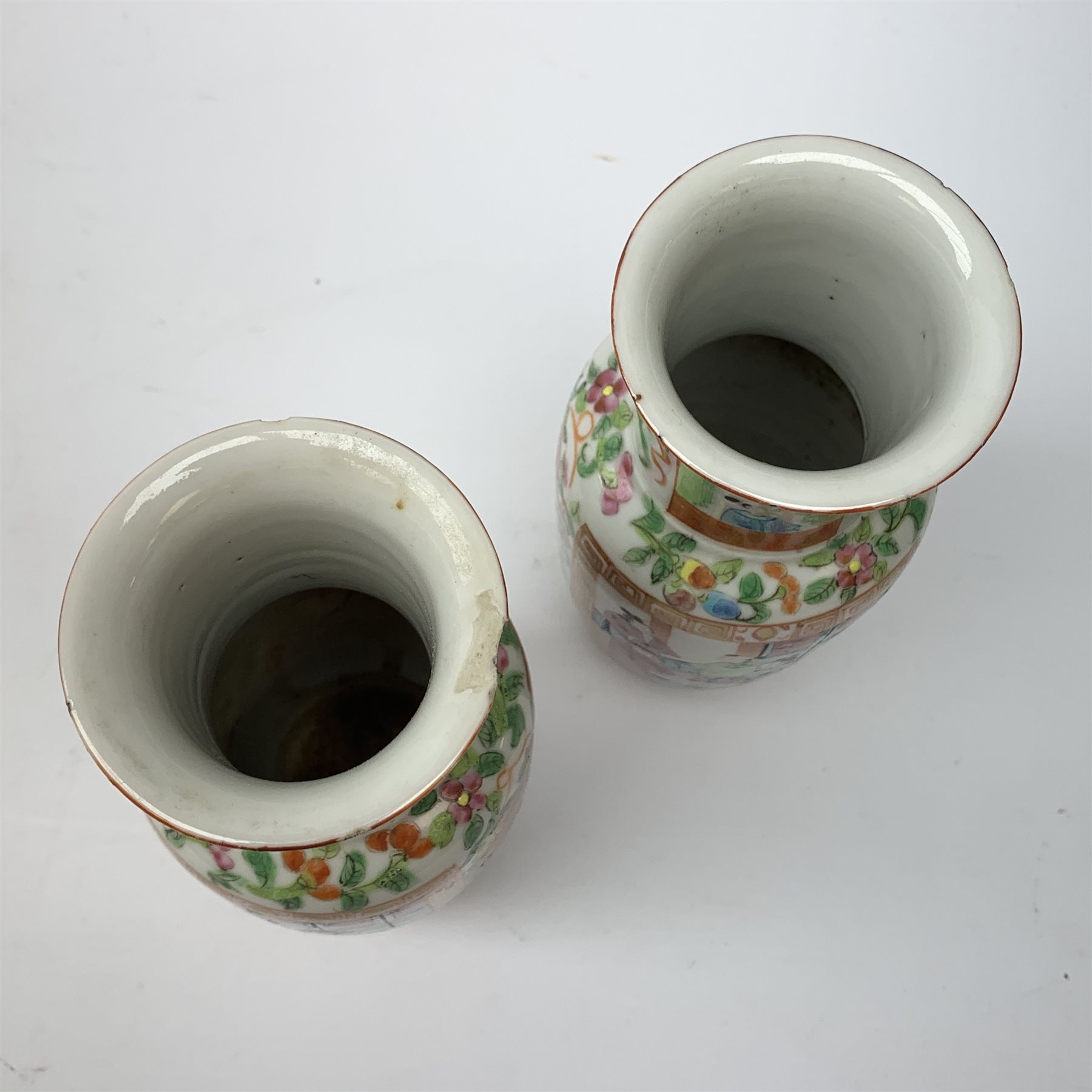 Pair of late 19th century Doulton Lambeth Silicon ware vases and a pair of 19th century Cantonese Famille rose vases, H20.5cm 