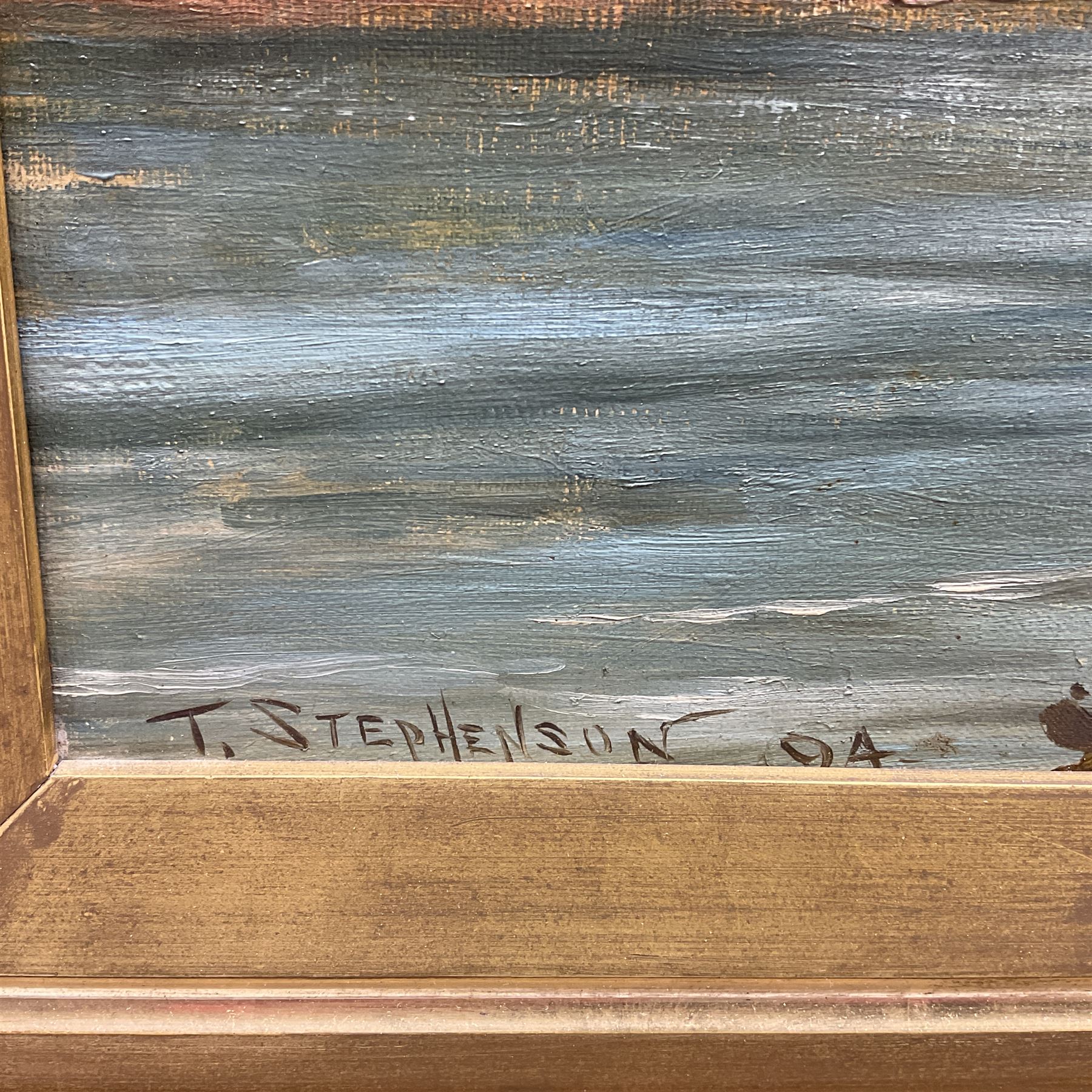 T Stephenson (British 19th century): Richmond Castle from the River Swale, oil on canvas signed and dated '94, housed in ornate gilt frame with foliate design 44cm x 59cm