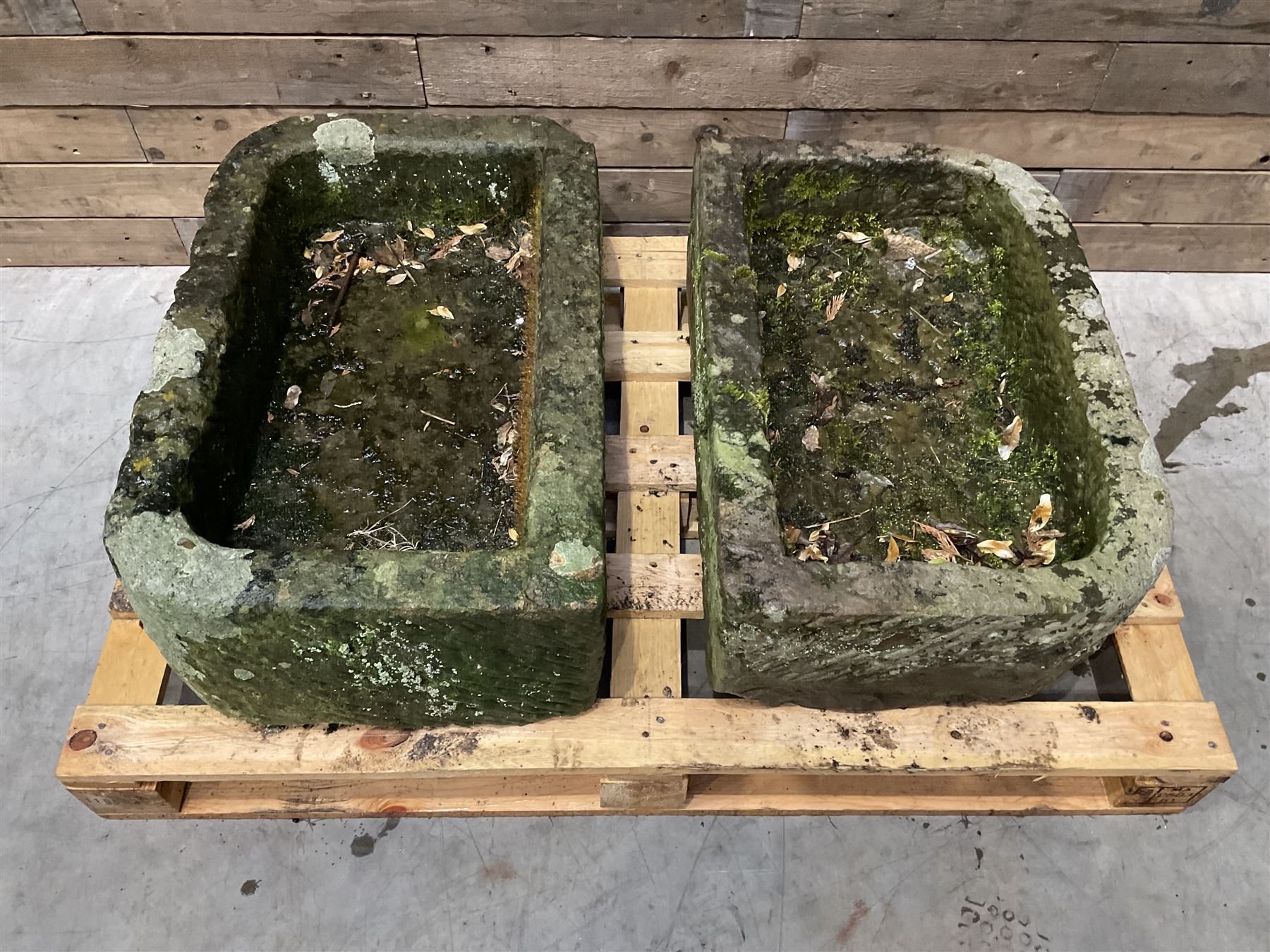 Two 19th century rectangular stone troughs (W72cm, D46cm, H25cm & W70cm, D44cm, H23cm)