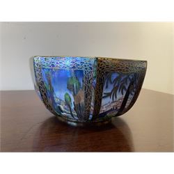 Early 20th century Wedgwood Fairland lustre bowl, circa 1920, of octagonal form, designed by Daisy Makeig-Jones, the exterior decorated in the Castle on the Road pattern, the interior decorated in the Fairy in a Cage pattern, pattern no Z5125, with printed marks beneath, H11cm D22.5cm
