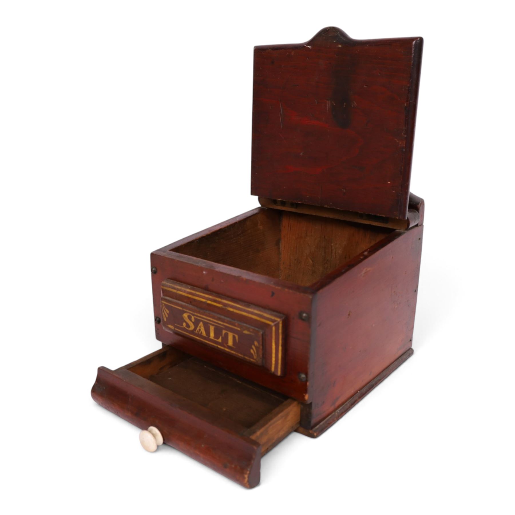 19th century salt box, wall mounted, lift open top, above a single drawer, with ceramic handle, painted plaque to the front, H31cm, D24cm  