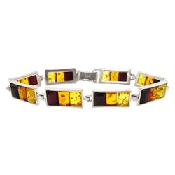 Silver tri-coloured amber link bracelet, stamped 925