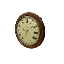 A late 19th century 8-day wall clock with a 15” mahogany bezel and 12” painted convex dial with a cast brass bezel, Roman numerals, minute track and matching steel moon hands, dial inscribed “Brunner, Hull” with a single train fusee movement, anchor escapement, rectangular movement plates with chamfered shoulders, case with two side doors and pendulum adjustment door to the curved base. With pendulum.  
****Engelbert Ignatius Brunner from Baden (Germany)  worked from Queen Street Hull . c 1886-1907.
