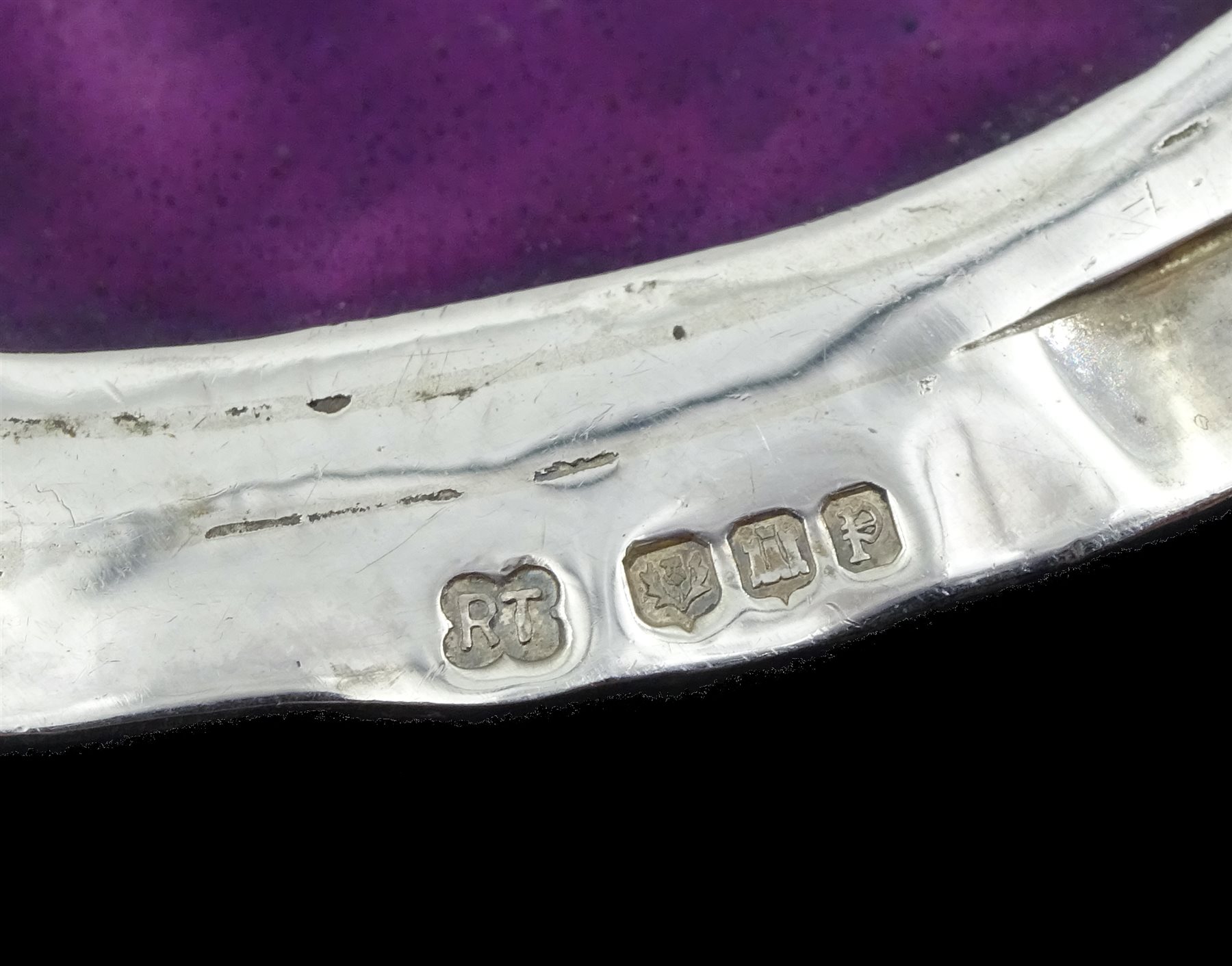 Scottish silver and enamel stylized tree formed from three graduated asymmetrical pendants, makers mark R T,  Edinburgh 1970, approx 3.5oz