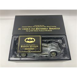 Two Corgi DC Comics die-cast Batmobiles comprising 1:18 scale die-cast Limited Edition Pre-Production Raw Metal Casting 1940 Batmobile Roadster no. 184/300, and 1:24 scale die-cast Limited Edition Raw Metal Casting 1960 Batmobile no. 858/1000, both with original boxes and certificates of authenticity 