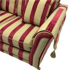 Three-piece lounge suite - large two-seat sofa upholstered in red and gold striped fabric (W185cm, H90cm, D105cm); two-seat sofa upholstered in red and gold floral pattern fabric (205cm, H90cm, D105); matching rectangular footstool (75cm x 55cm, H39cm)