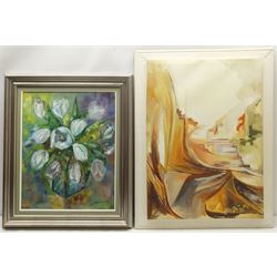 Monique Godaert-Jacquart (Belgian Conemporary): Abstract, oil on canvas signed and dated '92, together with two still life oils on canvas, max 64cm x 47cm (3)