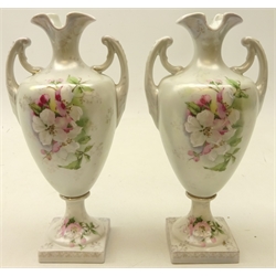  Pair German urn shaped vases, with iridescent pearl glazed bodies and painted with floral sprays, probably by Eichwald, H21cm  