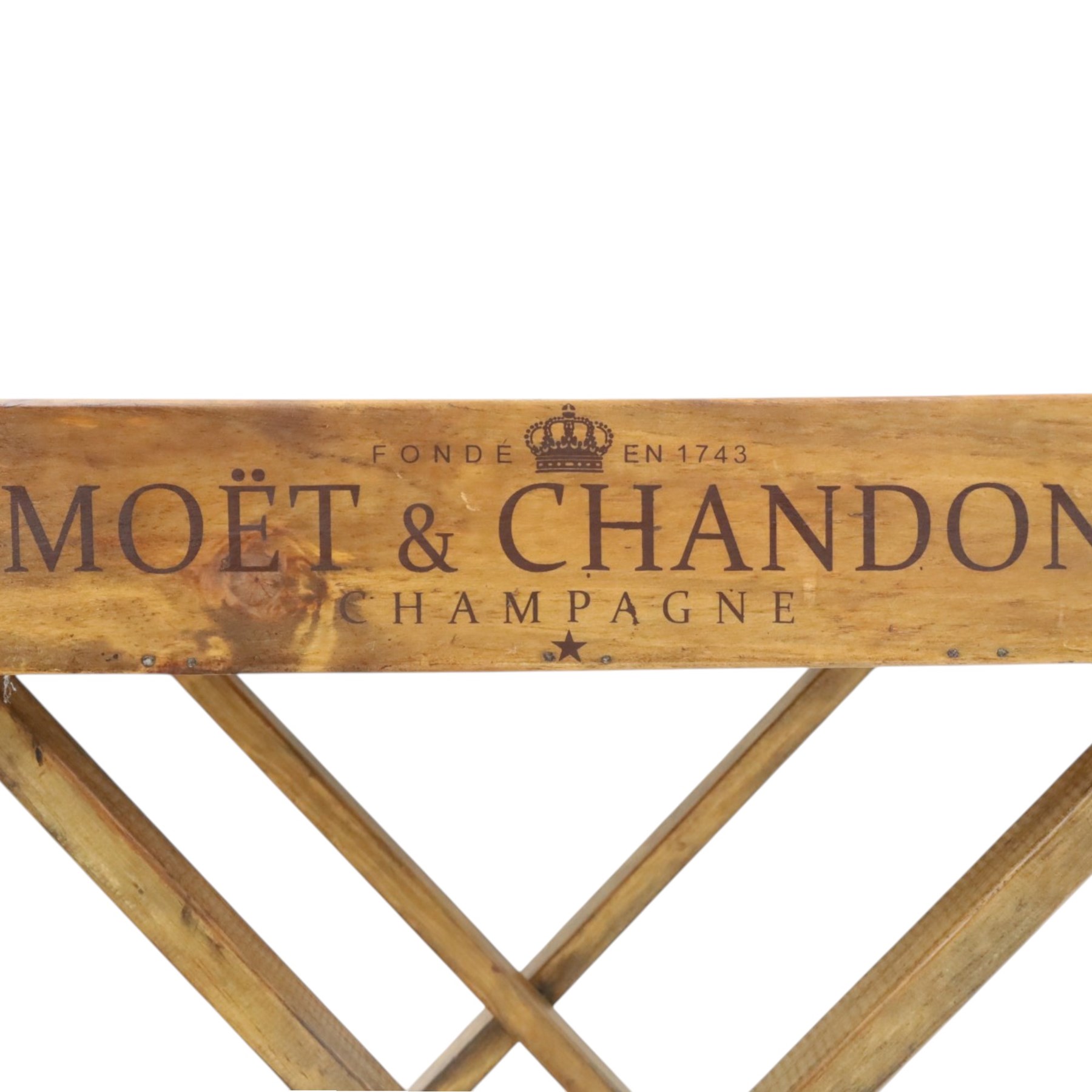 Champagne butler’s tray on stand, the wooden tray printed with champagne bottles and brand names, with cutout handles, raised on a folding stand