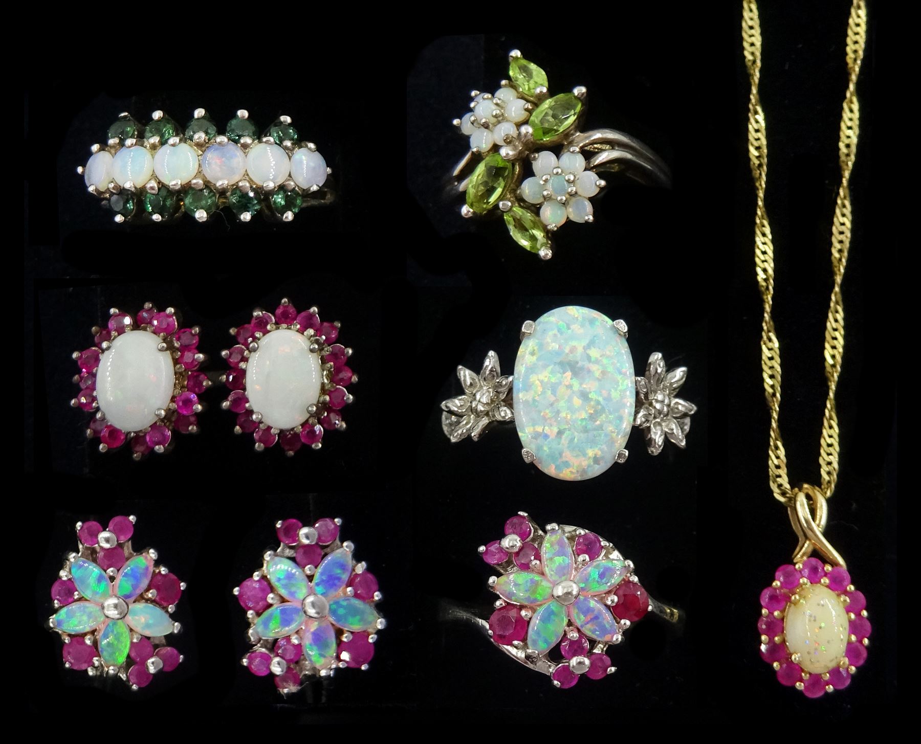 9ct gold opal and ruby pendant necklace and a collection of silver opal and stone set jewellery including opal and ruby flower head cluster ring and pair of matching stud earrings, one other pair of earrings and three rings