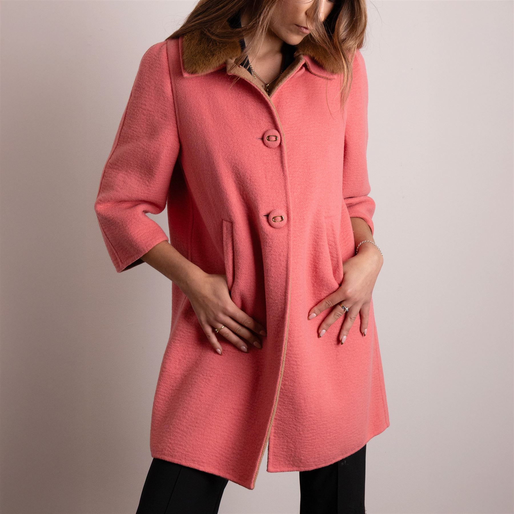 Prada - wool single-breasted camel coat with bright pink outer, with detachable mink fur collar, three-quarter length sleeves, cloth-covered and gold-tone hardware button front fastening, with side slip pockets, size 44, unused