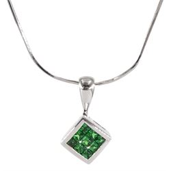 18ct white gold princess cut demantoid garnet pendant necklace, stamped 750