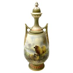 Early 20th century Royal Worcester vase decorated by Harry Davis, of ovoid form with twin acanthus mounted handles and waisted high neck supporting a domed cover, upon a circular foot, the body hand painted with sheep in a highland landscape, signed H Davis, with puce printed marks beneath including shape number 2425, and date code for 1907, H27.5cm