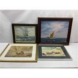 Barry Claughton (20th century): Cobbles at North Landing Flamborough, watercolour signed 23cm x 33cm; Landing the Catch, 19th/20th Century watercolour unsigned 28cm 39cm; Outward Bound, watercolour signed by S Barnes Robson 29cm x 37cm; Les Pearce (20th century): Thames Sailing Barge Race, oil on board signed  39cm x 49cm (4)