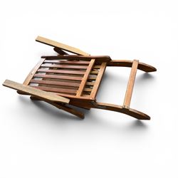 Pair of teak folding steamer chairs, with slatted backs, seats and extending footrests, adjustable recline.
