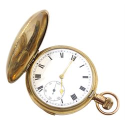Early 20th century 9ct gold full hunter keyless repeating Swiss lever pocket watch, the back plate engraved 'Brevet 34984', white enamel dial with Roman numerals and subsidiary seconds dial, case by De Pury, Gautschi & Co (George Guillaume Gautschi), London import marks 1912
