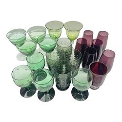 Set of four Swedish Reijmyre drinking glasses, with textured outer surface, together with green drinking glasses including Holmegaard examples and other glassware