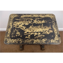  19th Century black lacquered sewing table, with all over gilt chinoiserie decoration to the outside and inside, depicting buildings and figures in a river landscape, the hinged rounded oblong top opening to reveal and fitted interior of open and lidded compartments and lift out tray well stocked with Cantonese carved ivory fittings including bobbins and threadholders, pierced compartment covers, table mounting pin cushion etc, over a pull-out well with pleated cloth covering, two tapering turned supports with matching stretcher and four carved hairy paw feet. W63cm H76cm D43cm  
