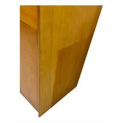 William Lawrence - mid-20th century teak double wardrobe, upper storage section over twin doors featuring recessed handles and contrasting horizontal panel, enclosing hanging rail compartment, towel rail, mirror, shelves and drawer, on plinth base with concealed castors