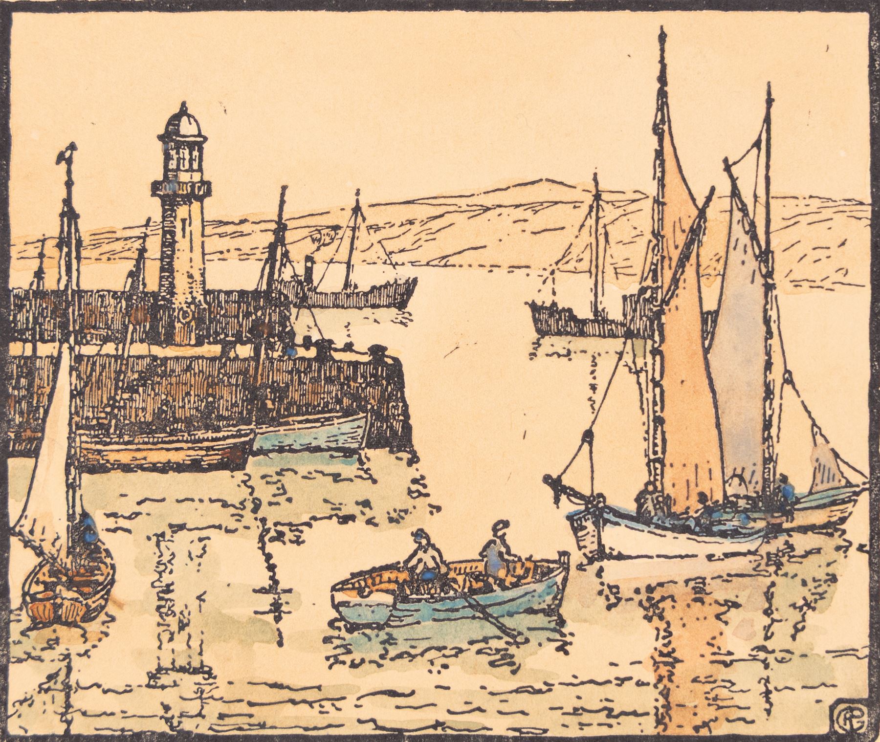 George Farquhar Pennington (British 1872-1961): Views of St Ives, two watercolours and one woodblock signed with monogram, max 22cm x 31cm (3) (unframed)